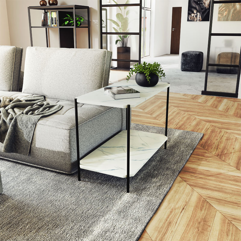 072-000065 Βοηθητικό τραπέζι Mara MDF λευκό μαρμάρου-μαύρο 80x40x55cm - Image 1