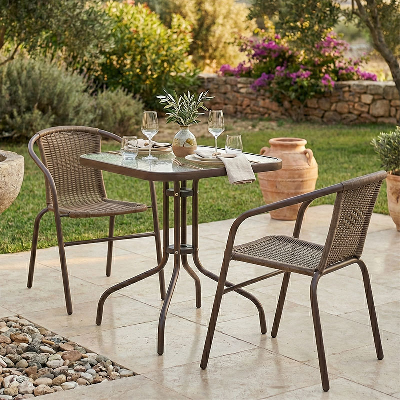 130-000085 Tραπεζαρία Obbi-Watson pakoworld σετ 3τεμ καφέ μέταλλο-pe rattan 60x60x70εκ - Image 1