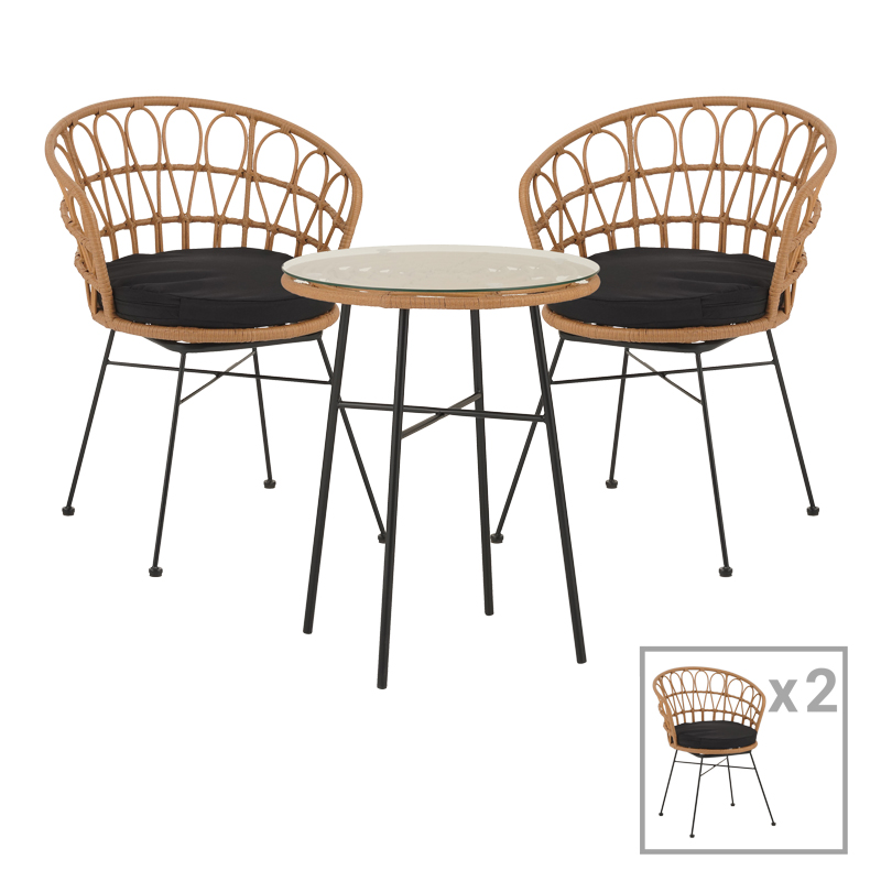 140-000057 Tραπεζαρία Felicia-Gaus pakoworld σετ 3τεμ pe rattan σε φυσική απόχρωση-μαύρο μέταλλο Φ60x74εκ - Image 1