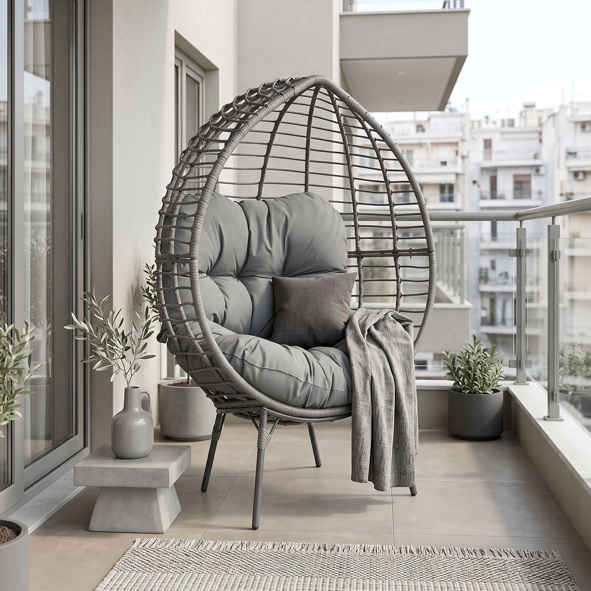 152-000020 Πολυθρόνα Nestie pakoworld wicker rattan γκρι-μεταλλικό γκρι πόδι-γκρι μαξιλάρι 102x80x155εκ - Image 1