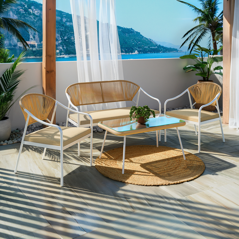 152-000056 Σαλόνι Bonanza pakoworld σετ 4τμχ rattan μπεζ-μέταλλο λευκό - Image 1