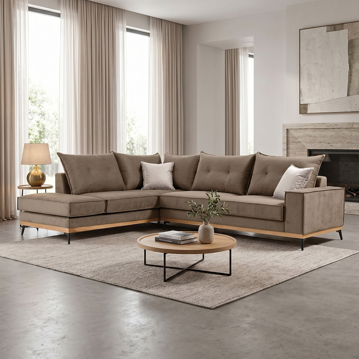 168-000010 Γωνιακός καναπές δεξιά γωνία Luxury II pakoworld ύφασμα mocha-cream 290x235x95εκ - Image 1