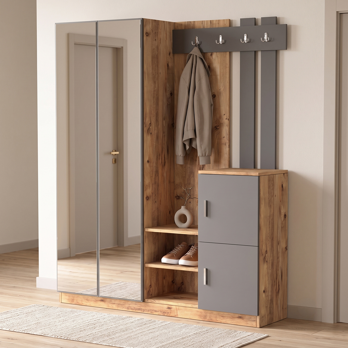 176-000129 Έπιπλο εισόδου Doorse pakoworld μελαμίνης ανθρακί-oak 147.5x35x180εκ - Image 1