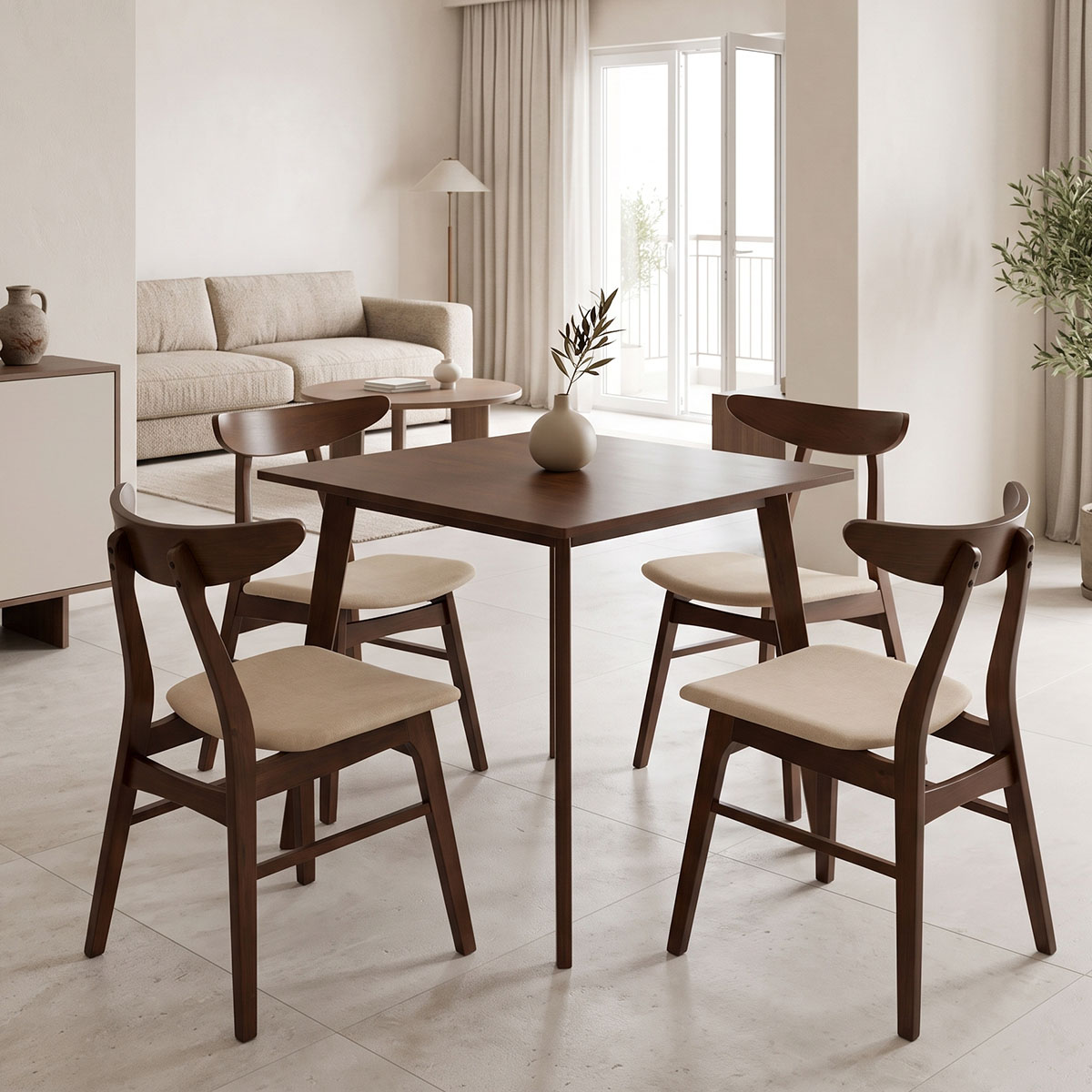 200-000176 Tραπεζαρία Benson - Orlean pakoworld σετ 5τμχ καρυδί - ύφασμα μπεζ 80x80x75εκ - Image 1