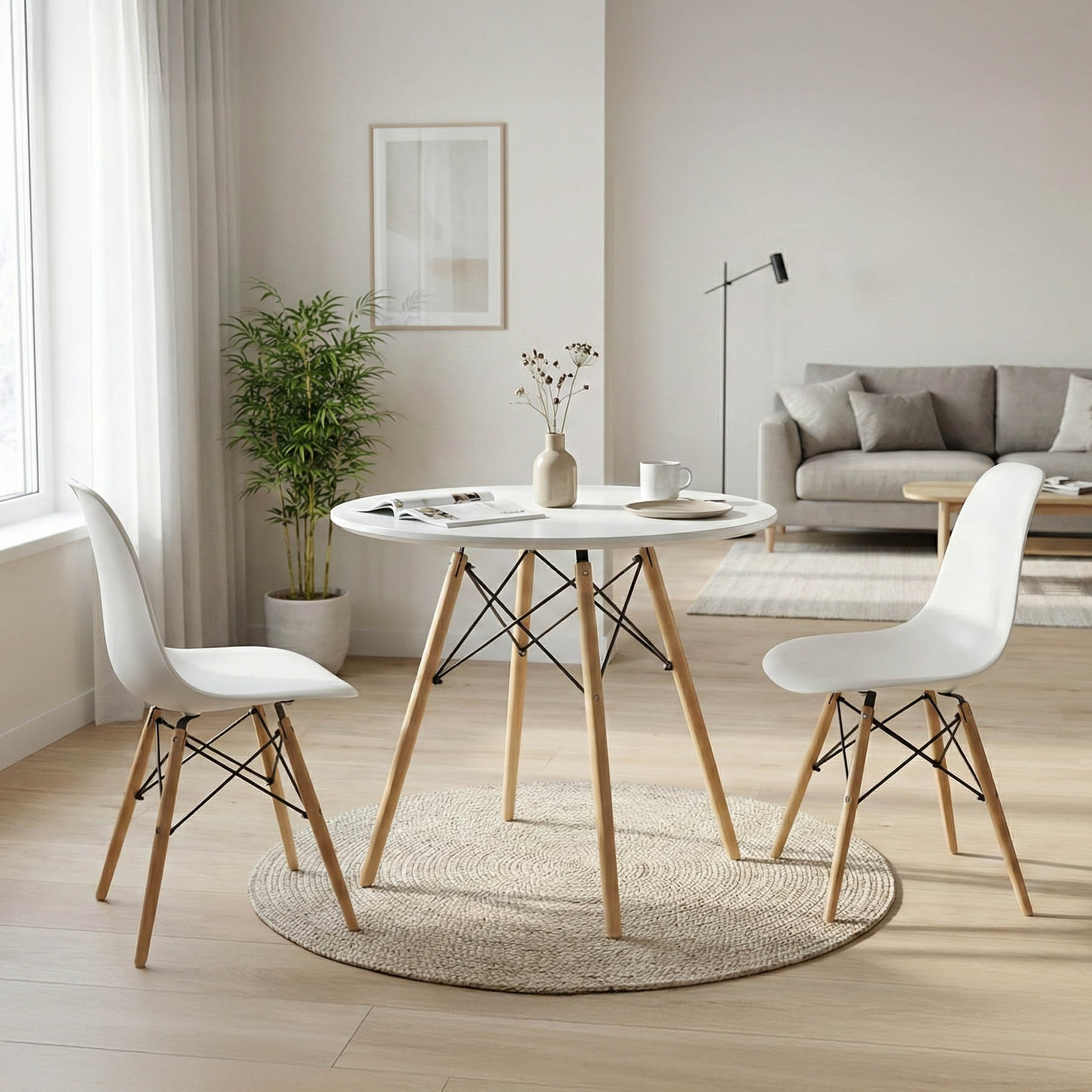 200-000700 Τραπεζαρία Julita σετ 3τεμ pakoworld MDF και ξύλο οξιάς σε λευκή-φυσική απόχρωση Φ60x73εκ - Image 1