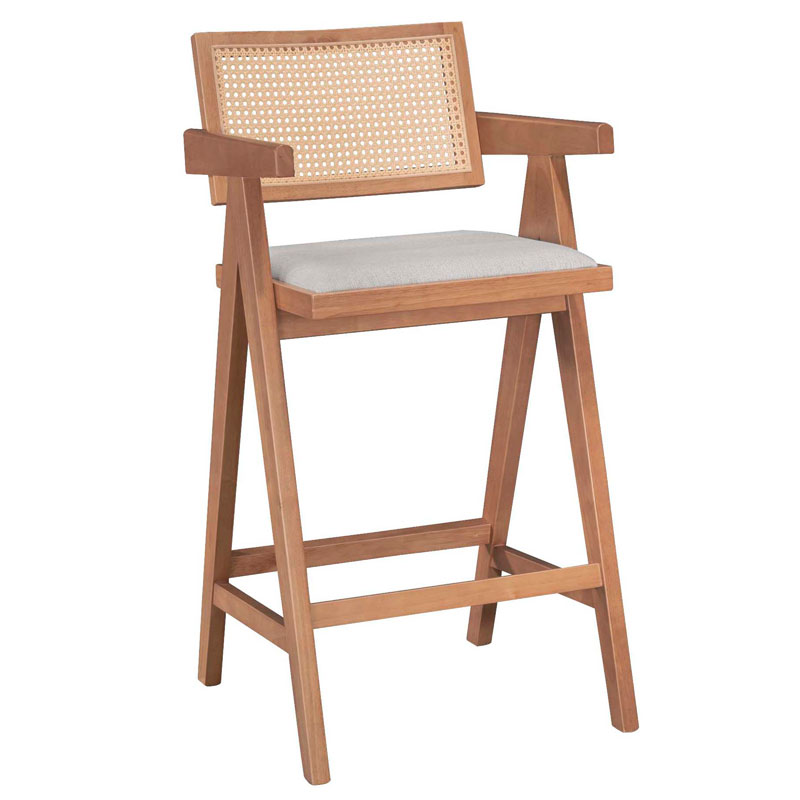 247-000009 Σκαμπό bar Winslow pakoworld ξύλο rubberwood ανοικτό καρυδί-pvc rattan φυσικό-ύφασμα γκρι - Image 1