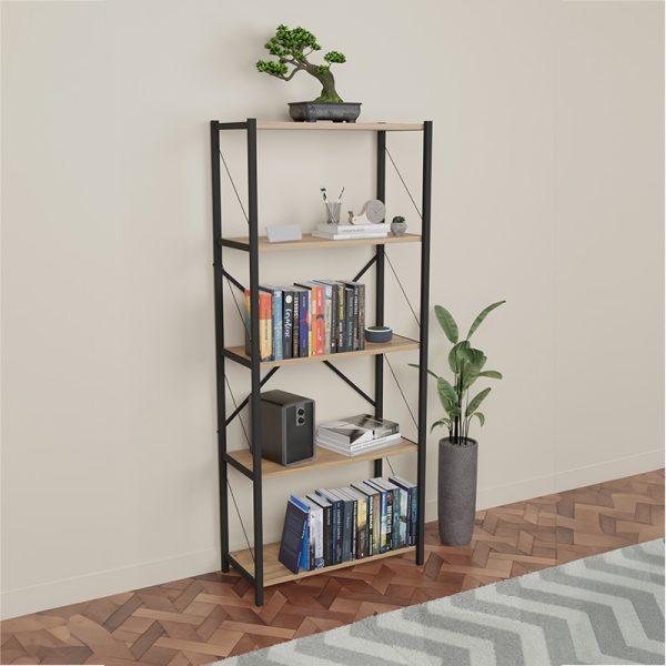 Βιβλιοθήκη Draizy pakoworld oak μελαμίνης-μαύρο μέταλλο 63x30x150εκ