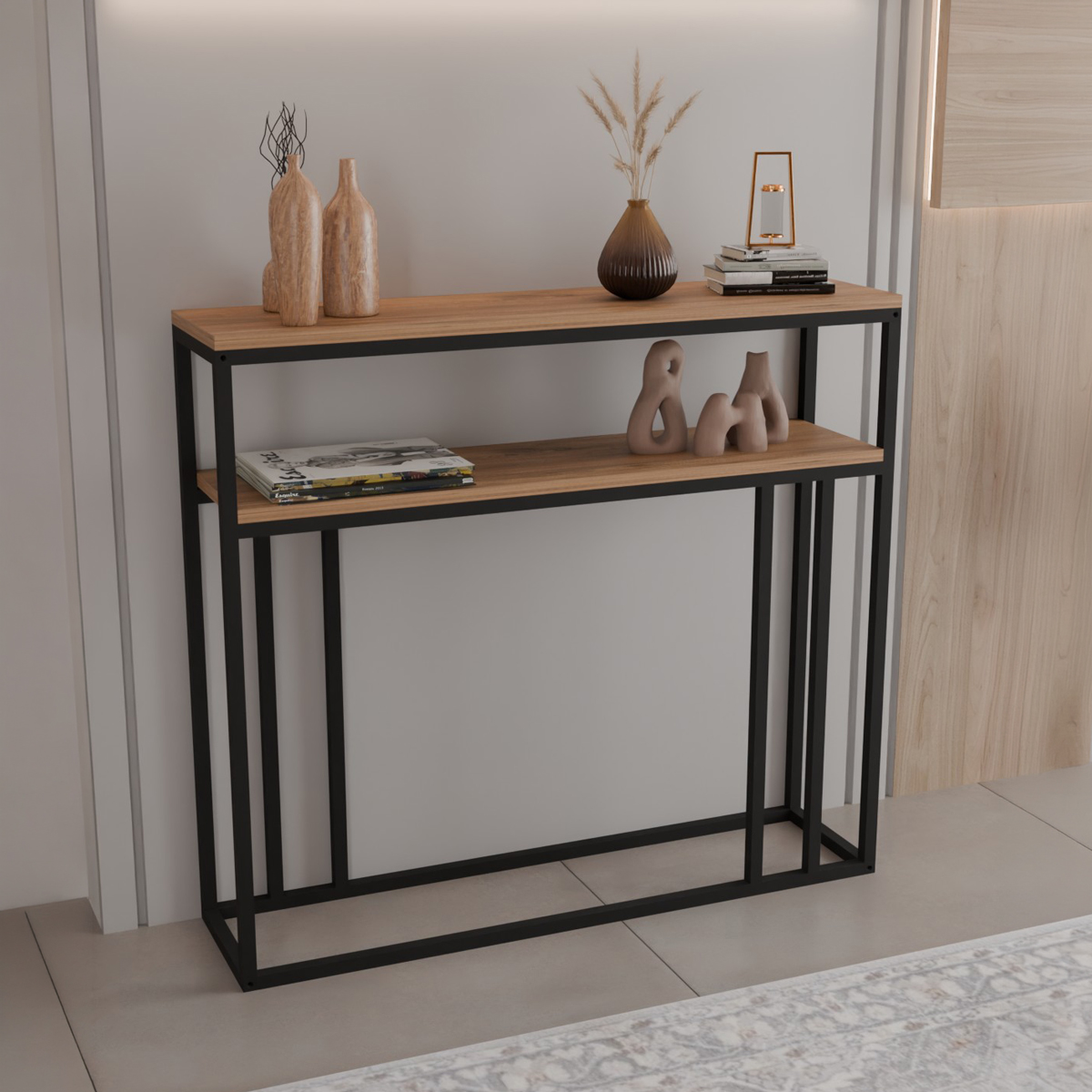321-000119 Κονσόλα Daleti pakoworld σε oak απόχρωση με μαύρο μεταλλικό σκελετό 100x25x90εκ - Image 1
