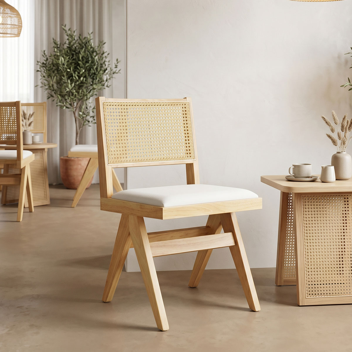 382-000011 Καρέκλα Winslow pakoworld rubberwood σε φυσική απόχρωση-ύφασμα λευκό 46x58x80εκ - Image 1