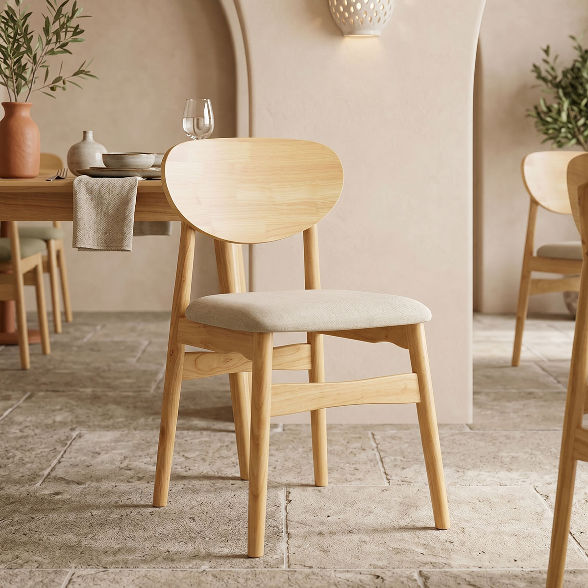 382-000013 Καρέκλα Cardith pakoworld rubberwood-plywood σε φυσική απόχρωση-ύφασμα γκρι-μπεζ 48x51x78εκ - Image 1